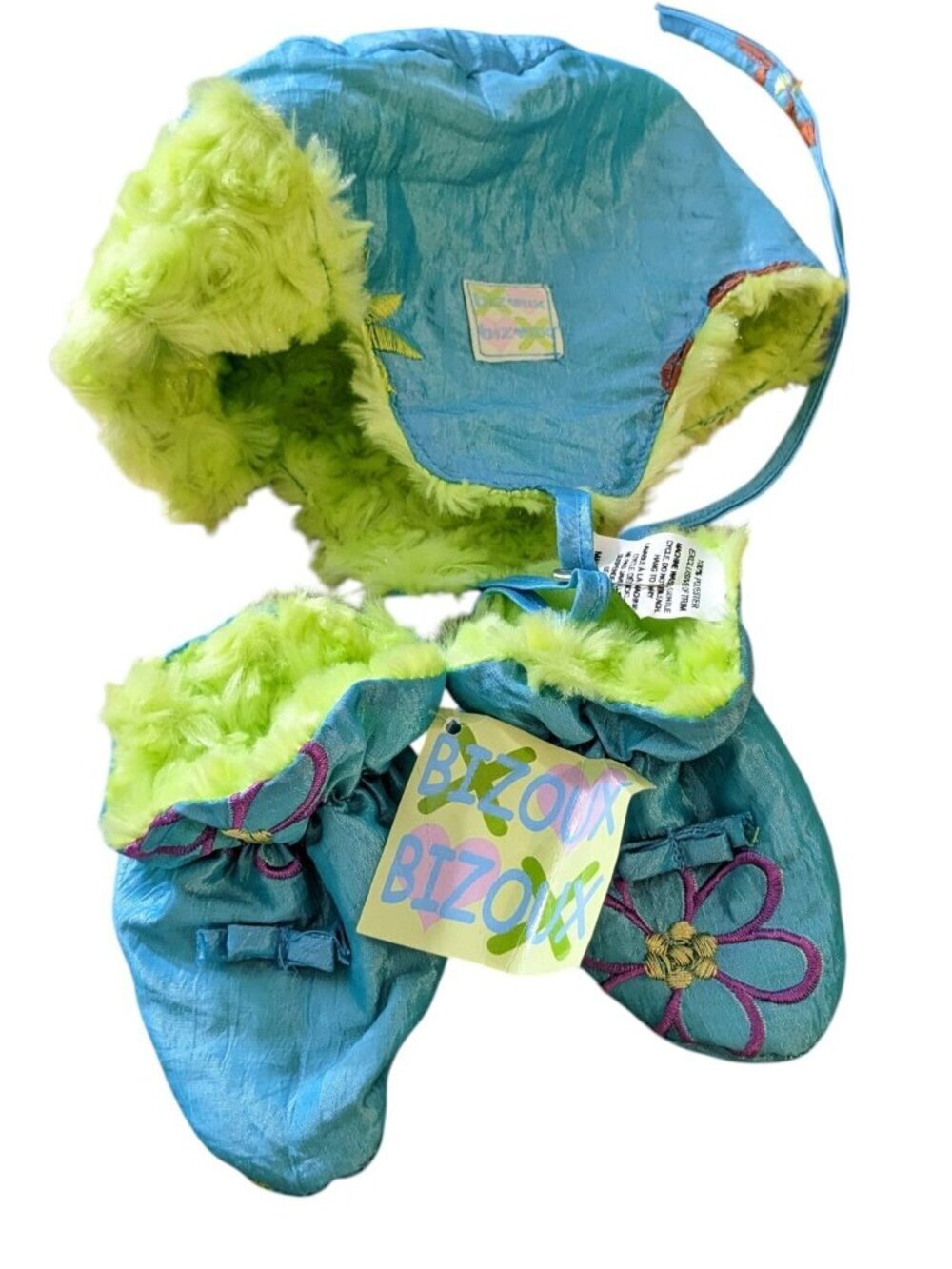 Baby Hat And Booties Set 0-12 Months Teal Floral Embroidered Soft Fuzzy Lining